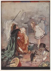 A chaotic kitchen scene with the Duchess carrying a pig dressed as a baby talking to Alice while the Cook is throwing utensils