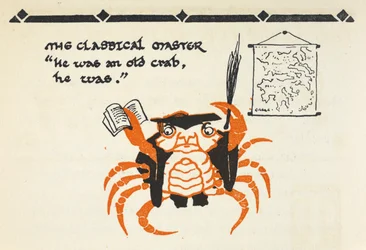 Illustration of a Crab Dressed as a Teacher Carrying a Book and Whip