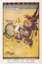 The Gryphon and the Mock Turtle pranced round and round, from the nursery Alice in Wonderland retold for the nursery by Irene Pearl; the pictures by Gwynedd Hudson