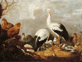 Storks, Mallards, Chickens, a Heron, a Frog and other Birds in a River Landscape