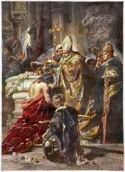 The Baptism of Saint Stephen (c. 970-1038), saint and first King of Hungary, baptized by Saint Adalbert of Prague. After a work by Gyula Benczúr. The Hungarian prince Vajk is baptized by Saint Adalbert of Prague and takes the name Stephen (Saint Stephen