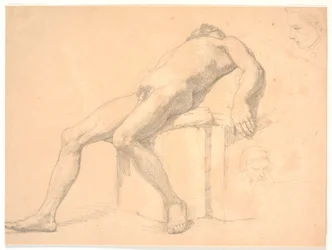 Study of a Male Nude Reclining Model. Two Portrait Heads, One Possibly Constantin Hansen