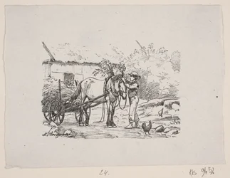 A Boy Decorates a Horse Harness with Green Branches