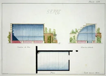 Design for a hothouse with curved glass walls and roof, from a folio of original drawings in classical and early Belle-Epoque styles, c.1870