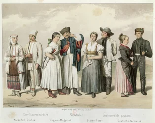 Costumes of Peasants from (left to right) Romania, Hungary, Slovakia and Germany, from 