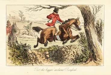 English huntsman making a dangerous jump over a stone wall beneath a low branch