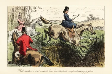 English huntswoman jumping sidesaddle over a fence