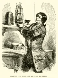 Gulliver puts a ship and an ox on his shelf (engraving)