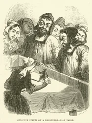 Gulliver struts on a Brobdingnagian table (engraving)