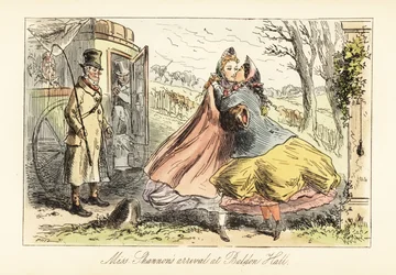 Ladies in Crinolines Embracing in Front of a Gate