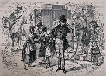 A young woman tends to a man who is looking ill, as people from the house climb into the carriage. Wood engraving by Gray after H. K. Browne.