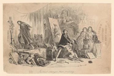 In his studio, Henry Gowan restrains his dog, which has just recognized the criminal Rigaud