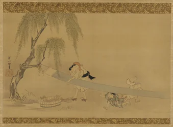 Woman Stretching Cloth to Dry, Two Children at Play, Edo Period