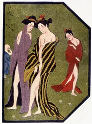 Young Japanese women leaving the bath - in “Japanese Doll” by Félicien Champsaur, illustrations by Hanabusa Itcho, Paris