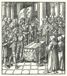 King Louis XII of France beside the coffin of his predecessor, King Charles VIII