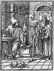 The Simulacra of the Death of Hans Holbein the Younger (1497-1543): The Doctor. Death comes between the doctor and his patient. Engraving