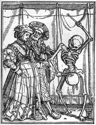 The Simulacra of Death by Hans Holbein the Younger: The Husbands. Death plays the drum in front of a couple. Engraving.