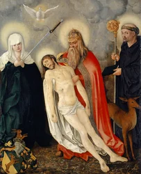 The Holy Trinity between the Lady of Sorrows and Saint Giles