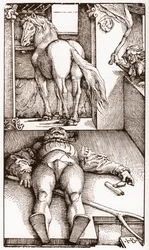 The bewitched palefrenier - (Sleeping Groom and Sorceress) wood engraving by Hans Baldung Grien circa 1544