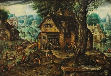 Village view with numerous people
