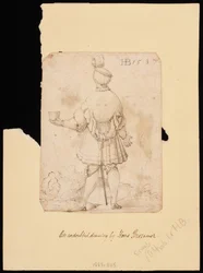 Man in a plumed hat seen from behind, holding out a cup in his left hand