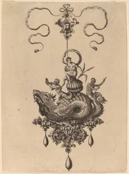 Design for a Pendant with Sea-Monster Carrying a Woman on a Shell Flanked by a Triton and a Man with an Oar