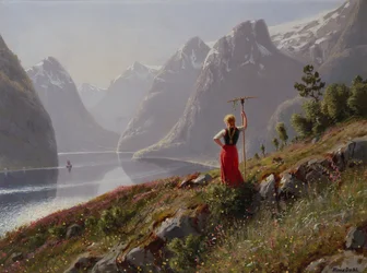 Girl with a Rake in Fjord Landscape
