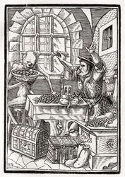 Death Comes to the Miser or Usurer, Engraved by Georg Scharffenberg, from 