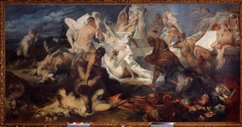 Battle of Centaurs and Lapiths. In Greek mythology, the Lapiths massacred the centaurs.