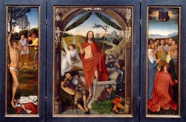 Triptych of the Resurrection. Left: Martyrdom of San Sebastian. Right: The Ascension of Christ. In the Center: The Resurrection