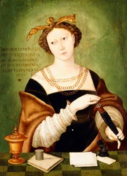 Portrait of a Lady, half-length, holding a case of quills before a ledge