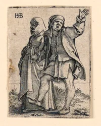The Wedding Procession: Couple Walking Left, Man Turning Back, Raising His Arm
