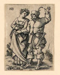 The Wedding Procession: Couple walking left, woman wearing a wreath