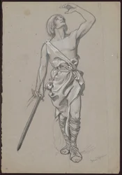 Man in a Robe with Bare Torso, a Hunting Horn at His Side and a Sword in His Right Hand