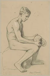 Nude Young Man with a Shell Sitting on a Stone