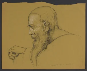 Bust of an Old Man with a Long Beard, Leaning with Both Hands on a Stick, Seen in Profile