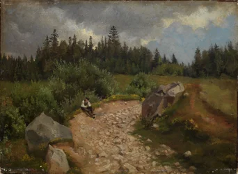 Rocky Path at the Forest Edge with Seated Man