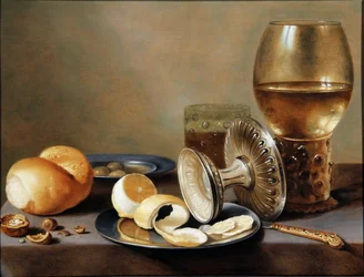 Monochrome Banquet with Two Pewter Dishes, an Overturned Silver Tazza, a Gilt Knife, a Glass with Beer, a Rummer with Wine, a Roll of Bread, Nuts, Olives and a Half Peeled Lemon