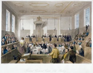 Inside the Central Criminal Court, Old Bailey, with a Court in Session, City of London