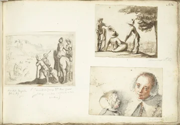 Hunters with Falcons, Shepherd Boys, and Woman with Child