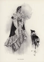 A young woman going out for the evening and bidding her dog to obey instructions