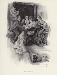 Two couples playing cards at an evening party