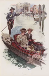 Young American woman taking a ride in a gondola, Venice