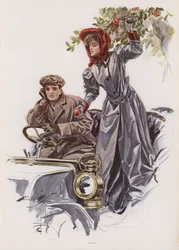Young woman picking apples from inside a car