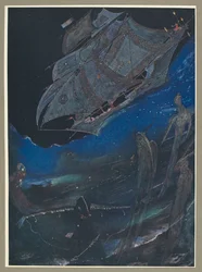 An illustration showing a ship at sea, and fish below it.