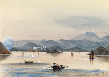 The HMS Tribune finding its way on the Chuenpee River in Canton (China), with rowing boats and Chinese junks