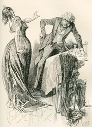 Edith and Mr. Carker. "He was coming gaily towards her, when, in an instant, she caught the knife up from the table, and started one pace back. "Stand still," she said, "or I shall murder you!" Illustration by Harry Furniss for the Charles Dickens Novel