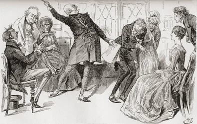 Mr. Micawber Achieves the Downfall of Heep. "The triumphant flourish with which Mr. Micawber delivered himself of the words, had a powerful effect in alarming the mother, who cried out in much agitation, 