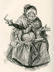 Mrs. Gamp. Illustration by Harry Furniss for the Charles Dickens Novel Martin Chuzzlewit, from The Testimonial Edition, Published 1910.