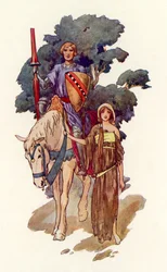 A Knight with a maiden in rags at his side